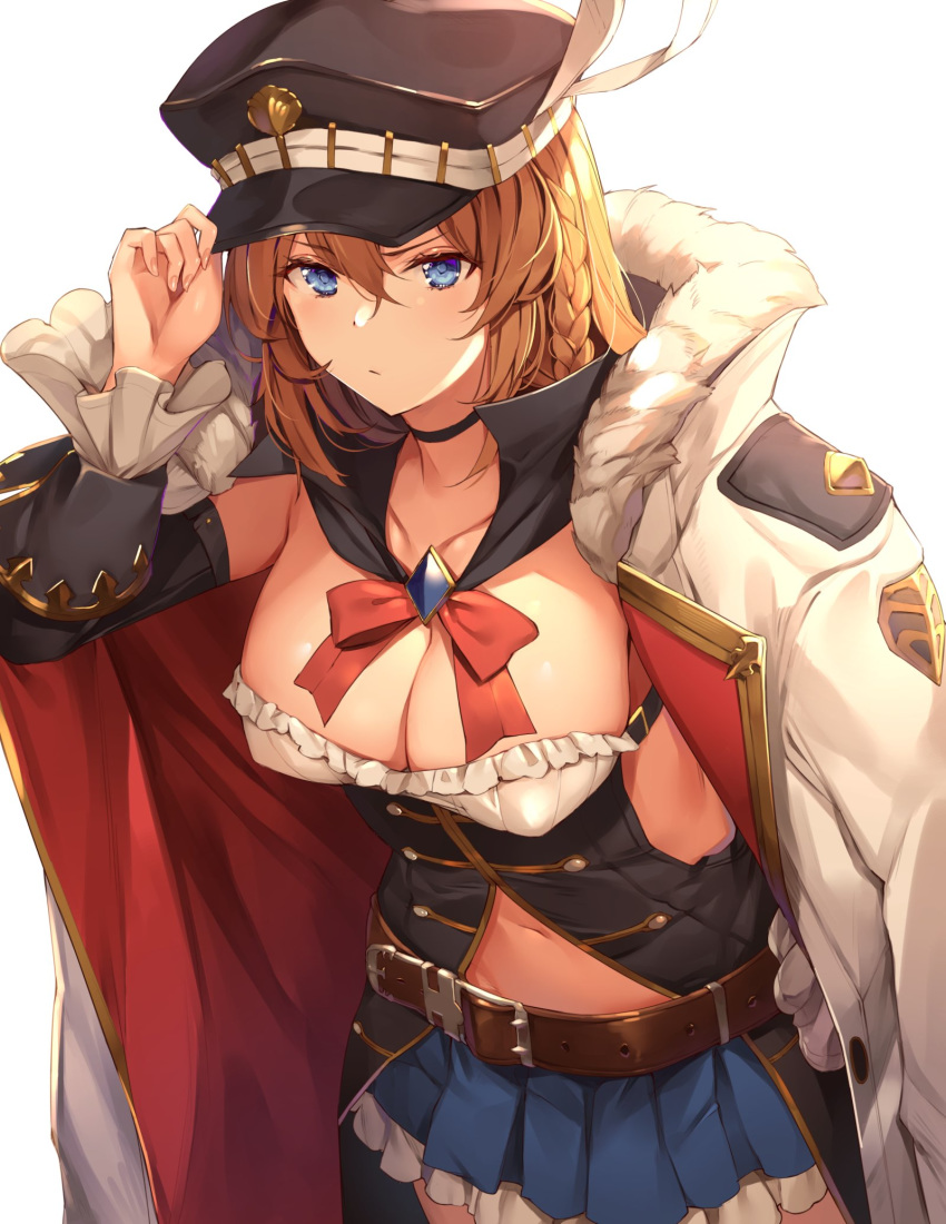 bangs belt black_choker blue_eyes blush braid breasts brown_hair choker cleavage closed_mouth coat collarbone commentary_request covered_nipples cowboy_shot detached_collar detached_sleeves frills fur_trim gold_trim granblue_fantasy hat hat_feather highres jacket_on_shoulders jewelry kaerunoko large_breasts lecia_(granblue_fantasy) long_hair looking_at_viewer miniskirt navel navel_cutout overcoat peaked_cap pleated_skirt simple_background skirt solo standing white_background