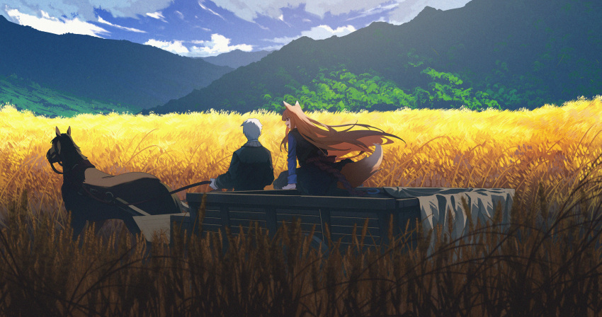 1boy 1girl absurdres animal_ears brown_hair carriage character_request cloud cloudy_sky fox_ears fox_girl fox_tail highres holo horns horse-drawn jiege landscape long_hair scenery sky spice_and_wolf tail very_long_hair wheat_field