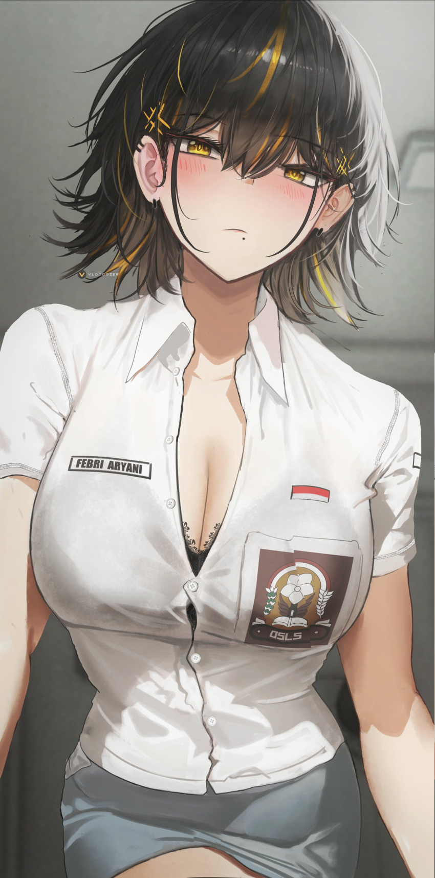 1girl absurdres black_bra blush bra breasts character_name cleavage collared_shirt earrings febri_aryani_(vloodozer) grey_skirt highres indonesian_flag indonesian_high_school_uniform jewelry looking_at_viewer mole mole_under_mouth original school_uniform see-through see-through_shirt shirt skirt solo_focus sweat underwear vloodozer white_shirt