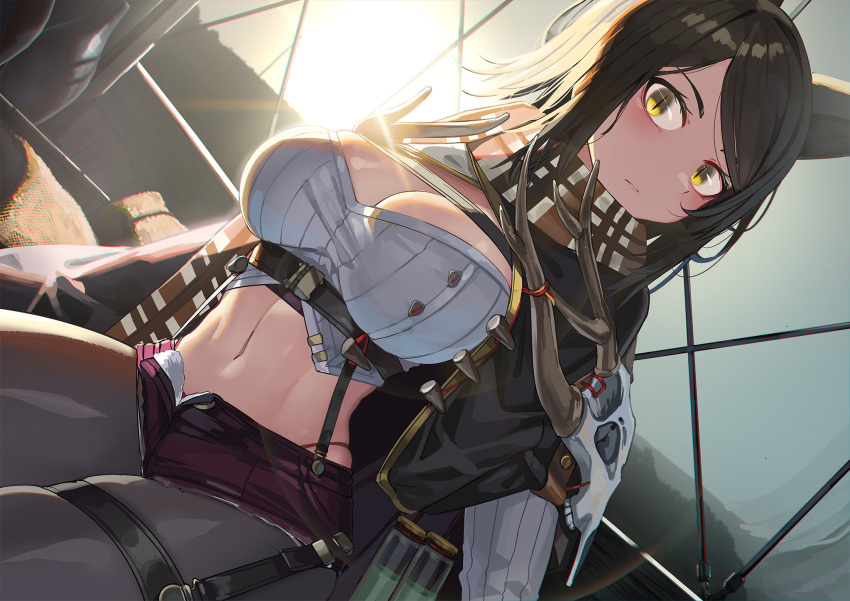 1girl animal_ears backlighting black_hair black_pantyhose breasts capelet cleavage closed_mouth commission crop_top cutoffs denim denim_shorts dutch_angle highres large_breasts long_sleeves looking_at_viewer micro_shorts midriff natori_youkai navel open_fly original panty_straps pantyhose pixiv_commission purple_shorts revealing_clothes ribbed_shirt scarf shirt short_shorts shorts sitting skindentation solo spaghetti_strap stomach suspenders thigh_strap white_shirt yellow_eyes