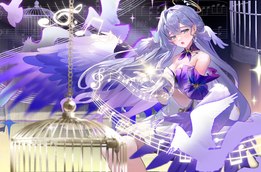 1girl absurdres aqua_eyes bare_shoulders birdcage cage commentary detached_sleeves eamut1 feet_out_of_frame gloves grey_hair highres honkai:_star_rail honkai_(series) long_hair musical_note robin_(honkai:_star_rail) short_sleeves sitting solo staff_(music) very_long_hair white_gloves