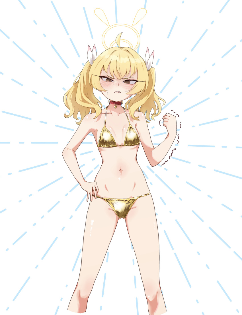 1girl absurdres ahoge angry ass_visible_through_thighs bare_arms bare_shoulders bikini blonde_hair blue_archive blush breasts clenched_hand gold_bikini groin hand_on_own_hip highres long_hair looking_at_viewer navel solo standing stomach string_bikini suecovsky swimsuit white_background yellow_bikini yoshimi_(blue_archive)