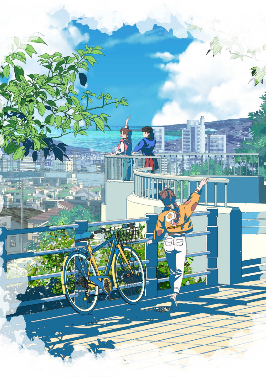 3girls :d bicycle black_hair blue_pants blue_shirt blue_sky braid brown_hair building bush cityscape closed_eyes cloud cloudy_sky denim edoya_inuhachi facing_ahead facing_to_the_side from_behind hair_over_shoulder highres jacket jeans long_sleeves low_twin_braids multiple_girls open_mouth original outdoors outstretched_arm pants railing red_skirt scenery shadow shirt skirt sky smile stone_floor tree twin_braids waving white_pants wide_shot yellow_jacket