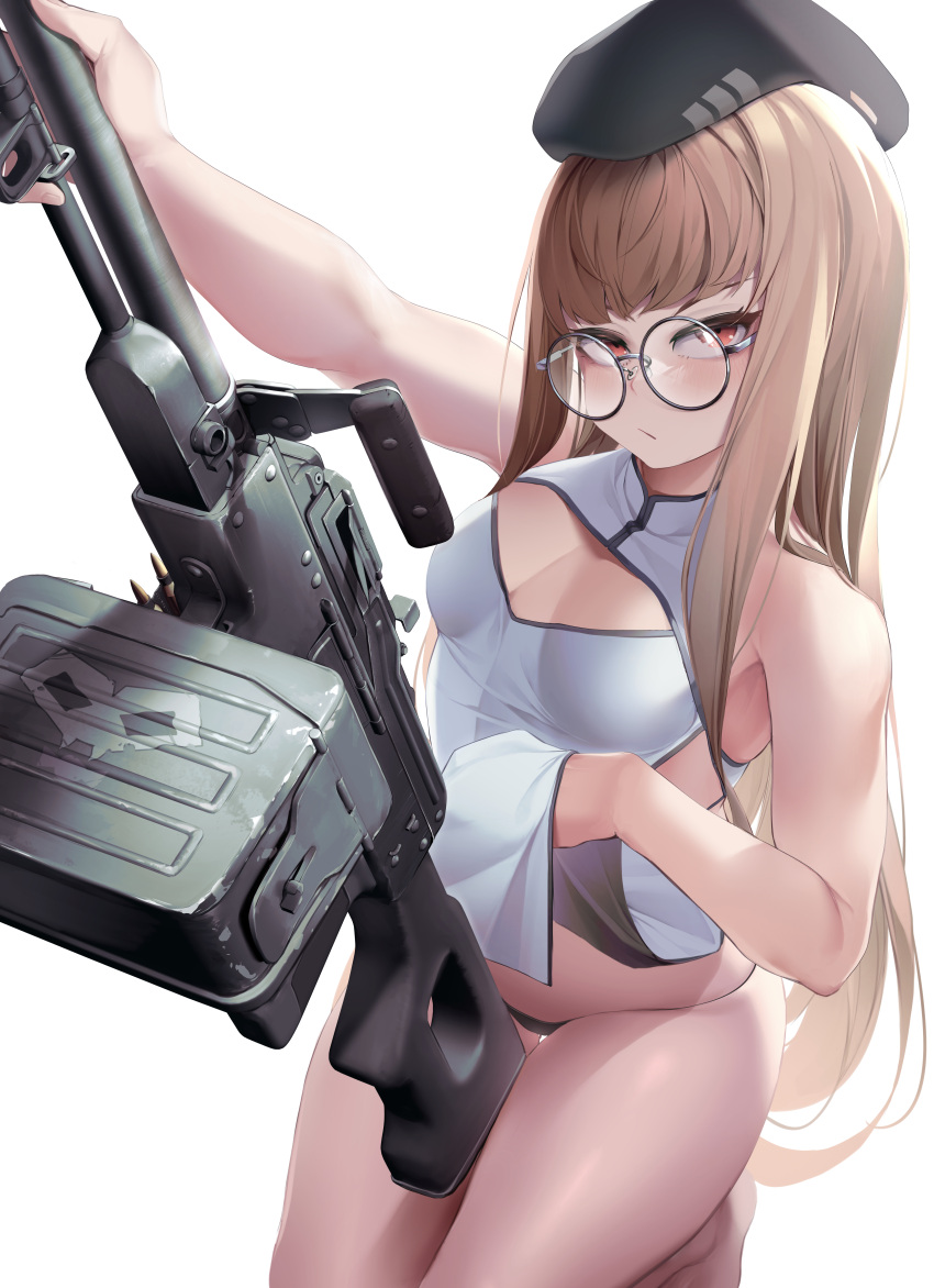 1girl absurdres beret bikini black_bikini black_hat blunt_bangs breasts brown_eyes brown_hair china_dress chinese_clothes clothes_lift dress dress_lift expressionless glasses gun hat highres holding holding_gun holding_weapon long_hair looking_at_viewer machine_gun nine_(kanine41) original pkp_pecheneg round_eyewear sidelocks simple_background small_breasts solo swimsuit very_long_hair weapon white_background