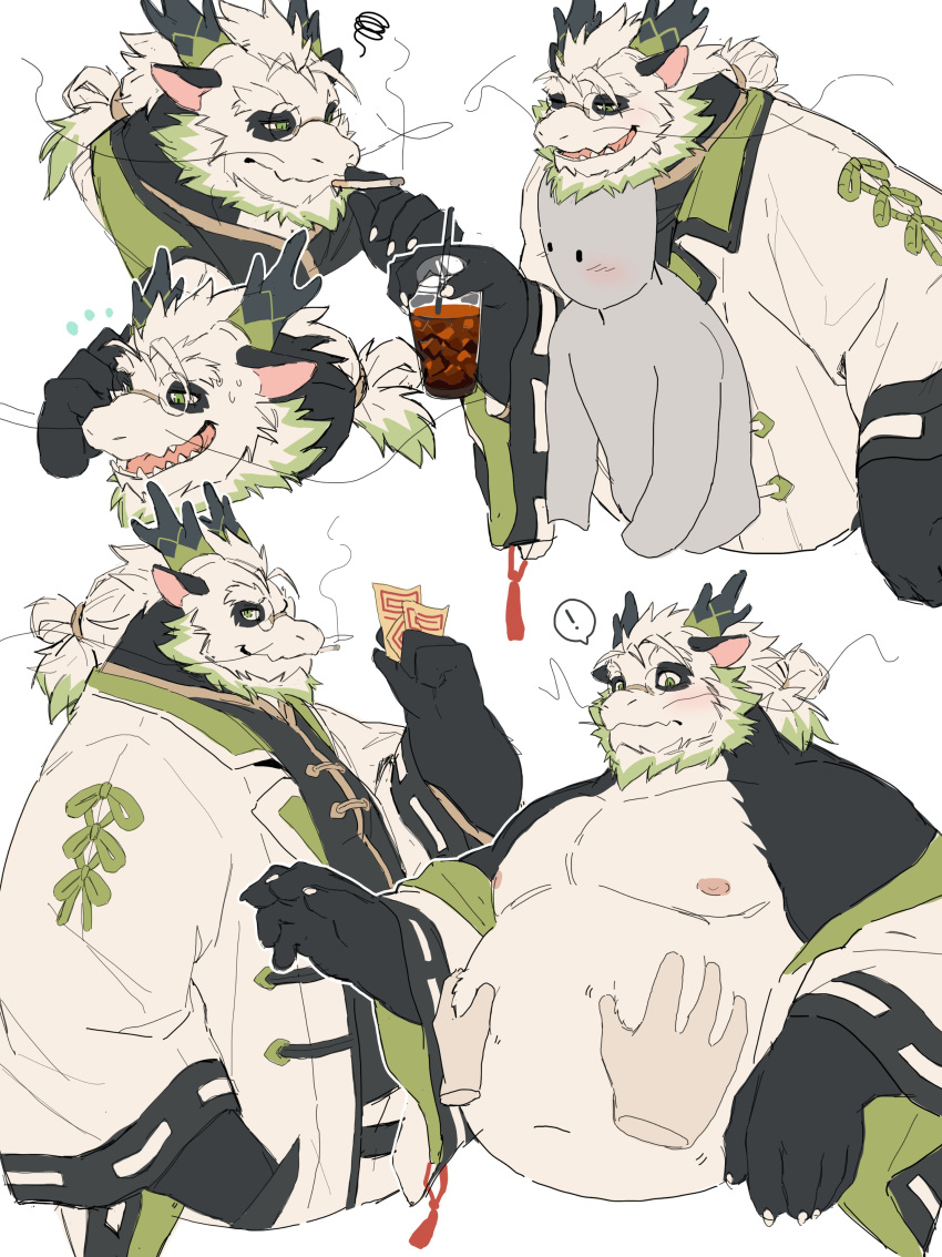 ! absurdres bara bare_pectorals beard belly black_fur black_shirt blush cigarette cropped_shoulders cropped_torso disembodied_limb dragon_boy dragon_horns drink facial_hair fat fat_man full_beard furry furry_male green_hair head_on_head head_rest highres holding holding_drink horns jacket lapels long_mustache male_focus multicolored_fur multicolored_hair multiple_views original patting_belly pectorals ponytail sharp_teeth shirt silhouette simple_background sketch smoking spoken_exclamation_mark surprised tassel teeth two-tone_hair white_background white_fur white_hair white_jacket yed_(yedsilent)