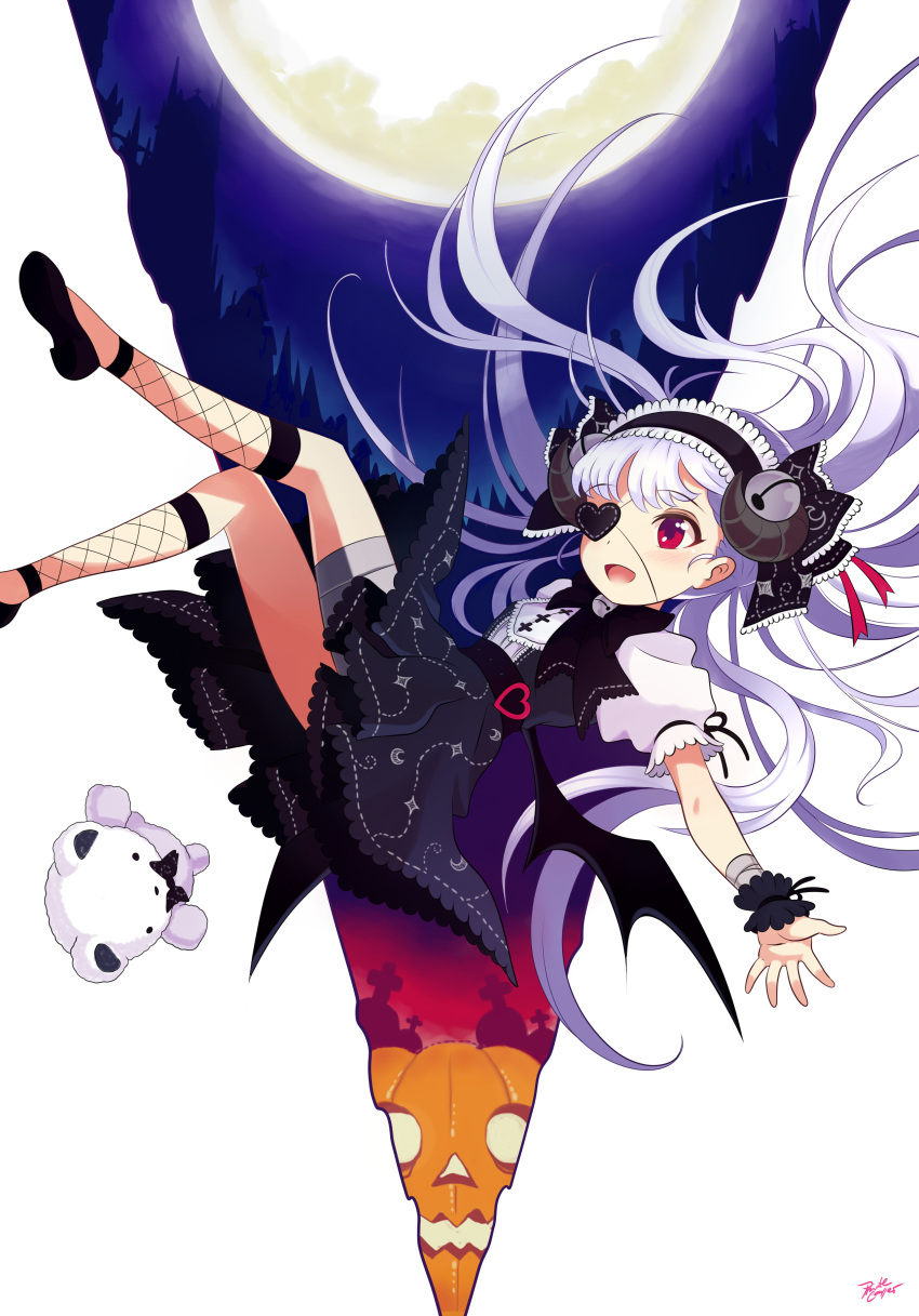 :d absurdres bangs bell belt black_belt black_bow black_footwear black_hairband black_skirt blush bow commentary commission curled_horns english_commentary eyebrows_visible_through_hair eyepatch fishnets full_moon hair_bow hairband heart heart_eyepatch highres jack-o'-lantern jingle_bell legs_up long_hair moon night night_sky open_mouth original pleated_skirt privcaller puffy_short_sleeves puffy_sleeves red_eyes shirt shoe_soles short_sleeves signature skirt sky smile solo stuffed_animal stuffed_toy teddy_bear tombstone tower very_long_hair white_background white_hair white_shirt wrist_cuffs
