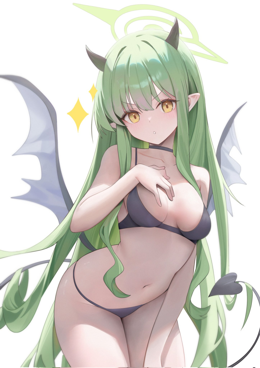 1girl alternate_costume bare_shoulders bikini black_bikini blue_archive breasts collarbone corrupted_twitter_file cowboy_shot demon_girl demon_horns demon_tail green_hair green_halo halo hand_on_own_chest hashtag-only_commentary highres hikari_(blue_archive) horns long_hair looking_at_viewer medium_breasts navel pointy_ears rable simple_background solo sparkle sparkling_aura swimsuit tail v-shaped_eyebrows very_long_hair white_background yellow_eyes