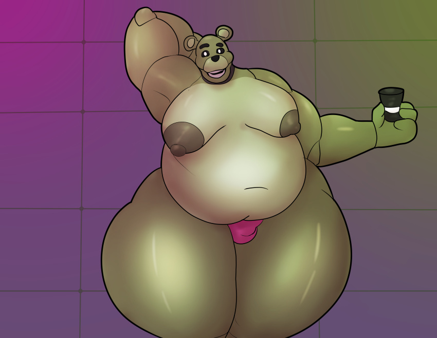 absurd_res animatronic bear big_breasts big_butt breasts butt clothing eldritch_abomination fan_character hand_behind_head happy hi_res machine male mammal moobs overweight overweight_male robot small_hat solo thick_thighs thong transformation underwear uxio_(weonraro123) weonraro123 wide_hips