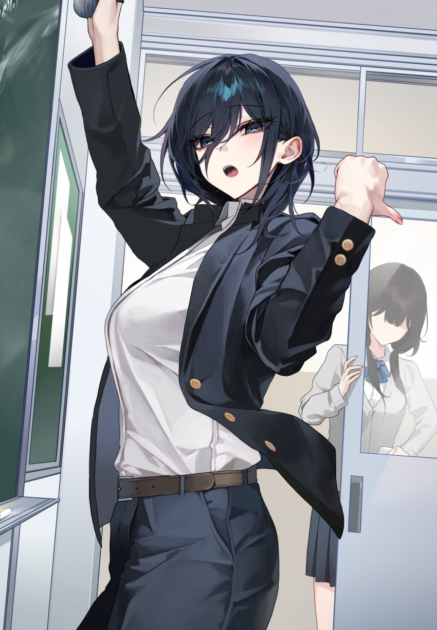 2girls bara_(03_bara_) board_eraser chalkboard classroom faceless highres jacket looking_at_viewer multiple_girls open_clothes open_jacket original pants pointing school_uniform shirt sliding_doors thumbs_up white_shirt yokoyama_ishimi