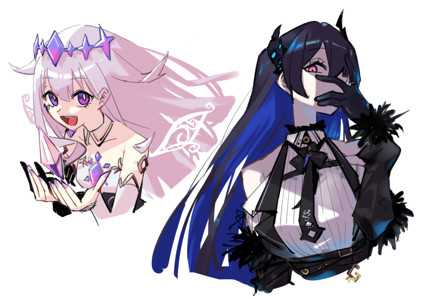 2girls absurdres adarin asymmetrical_horns black_hair blue_hair breasts colored_inner_hair demon_horns glaring hair_ornament highres hololive hololive_english horns mole mole_under_eye multicolored_hair multiple_girls nerissa_ravencroft red_eyes simple_background smile uneven_horns upper_body virtual_youtuber white_background