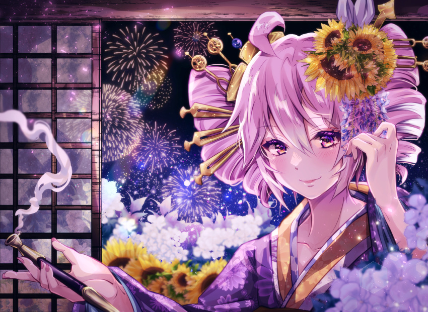 1girl ahoge closed_mouth drill_hair fireworks floral_print_kimono flower hair_between_eyes hair_flower hair_ornament hair_ribbon holding holding_smoking_pipe japanese_clothes kasane_teto kasane_teto_(sv) kimono kiseru night pink_hair pink_nails purple_kimono ribbon shouji sliding_doors smile smoking_pipe solo sunflower sunflower_hair_ornament synthesizer_v twin_drills utau yoshiwara_lament_(utau) yudoufu_(littleplus)