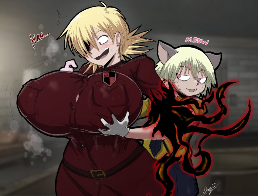 1boy 1girl animal_ears blonde_hair blush breasts cat_boy cat_ears english_text gloves grabbing grabbing_another's_breast hellsing highres large_breasts pink_eyes red_eyes schroedinger_(hellsing) seras_victoria starykrow tight_clothes uniform