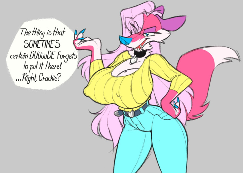 2018 4_fingers anthro beauty_mark belt big_breasts blue_eyes blue_nose breasts canine cleavage clothed clothing collar collar_tag colored_nails crackiepipe denisse dialogue english_text female fox grey_background hair half-closed_eyes jeans long_hair mammal nipple_bulge pants pink_hair shirt simple_background small_waist solo speech_bubble text