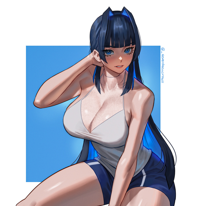 1girl bare_arms bare_shoulders black_hair blue_background blue_eyes blue_hair blue_shorts blush breasts cleavage colored_inner_hair commentary english_commentary hair_intakes halter_shirt halterneck hand_in_own_hair highres hololive hololive_english large_breasts long_hair multicolored_hair official_alternate_costume ouro_kronii ouro_kronii_(casual) parted_lips see-through see-through_cleavage seventeencrows shirt shorts sitting sleeveless sleeveless_shirt solo teeth twitter_username two-tone_background two-tone_hair very_long_hair virtual_youtuber white_background white_footwear white_shirt