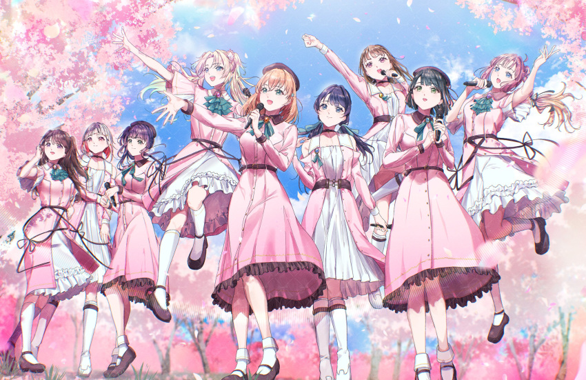 6+girls :d anyoji_hime aqua_eyes aqua_hair arm_up beret black_hair black_hat black_ribbon blonde_hair blue_eyes blue_hair blue_ribbon blue_sky blunt_bangs blunt_ends blurry blurry_background bob_cut boots braid breasts brown_hair center-flap_bangs cherry_blossoms closed_mouth clothing_cutout collarbone collared_dress colored_inner_hair commentary crossed_bangs dark_blue_hair diagonal_bangs dream_believers_(love_live!) dress english_commentary falling_petals flower flower_knot frilled_dress frills from_below fujishima_megumi gradient_hair green_eyes grey_hair hair_flower hair_ornament hair_ribbon hat highres hinoshita_kaho holding holding_microphone inverted_bob jumping kachimachi_kosuzu knee_boots kneehighs kuziaaizuk layered_dress lens_flare link!_like!_love_live! long_hair long_sleeves looking_ahead love_live! low_twintails mary_janes medium_breasts medium_dress medium_hair microphone mole mole_on_neck momose_ginko multi-tied_hair multicolored_hair multiple_girls murano_sayaka open_clothes open_dress open_mouth orange_hair osawa_rurino otomune_kozue outstretched_arm parted_bangs petals pink_dress pink_eyes pink_flower pink_hair ponytail purple_eyes purple_hair rabbit_hair_ornament red_eyes red_hair ribbon shoes short_hair short_sleeves shoulder_cutout side_braids side_ponytail sidelocks sky smile socks spring_(season) star_(symbol) star_hair_ornament straight_hair streaked_hair swept_bangs twintails two_side_up very_long_hair virtual_youtuber white_dress white_flower white_socks wide_sleeves yugiri_tsuzuri