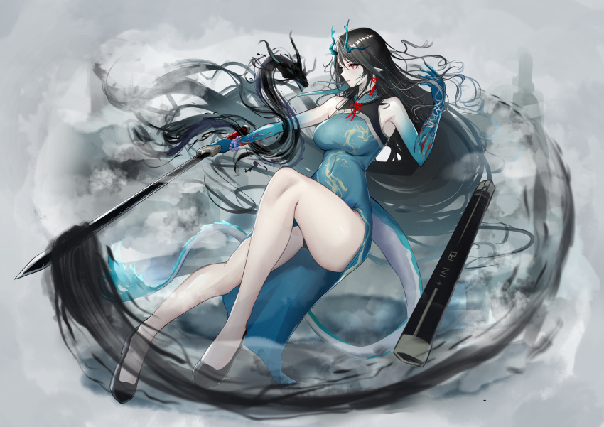 1girl absurdres aqua_dress aqua_horns aqua_skin arknights black_footwear black_hair black_panties breasts commentary_request dragon_girl dragon_horns dragon_tail dress dusk_(arknights) full_body gradient_skin grey_background highres holding holding_sword holding_weapon horns knee_up large_breasts long_hair looking_at_another open_mouth panties pantyshot poni_(poni_arknights) red_eyes scabbard sheath solo sword tail thighs underwear very_long_hair weapon