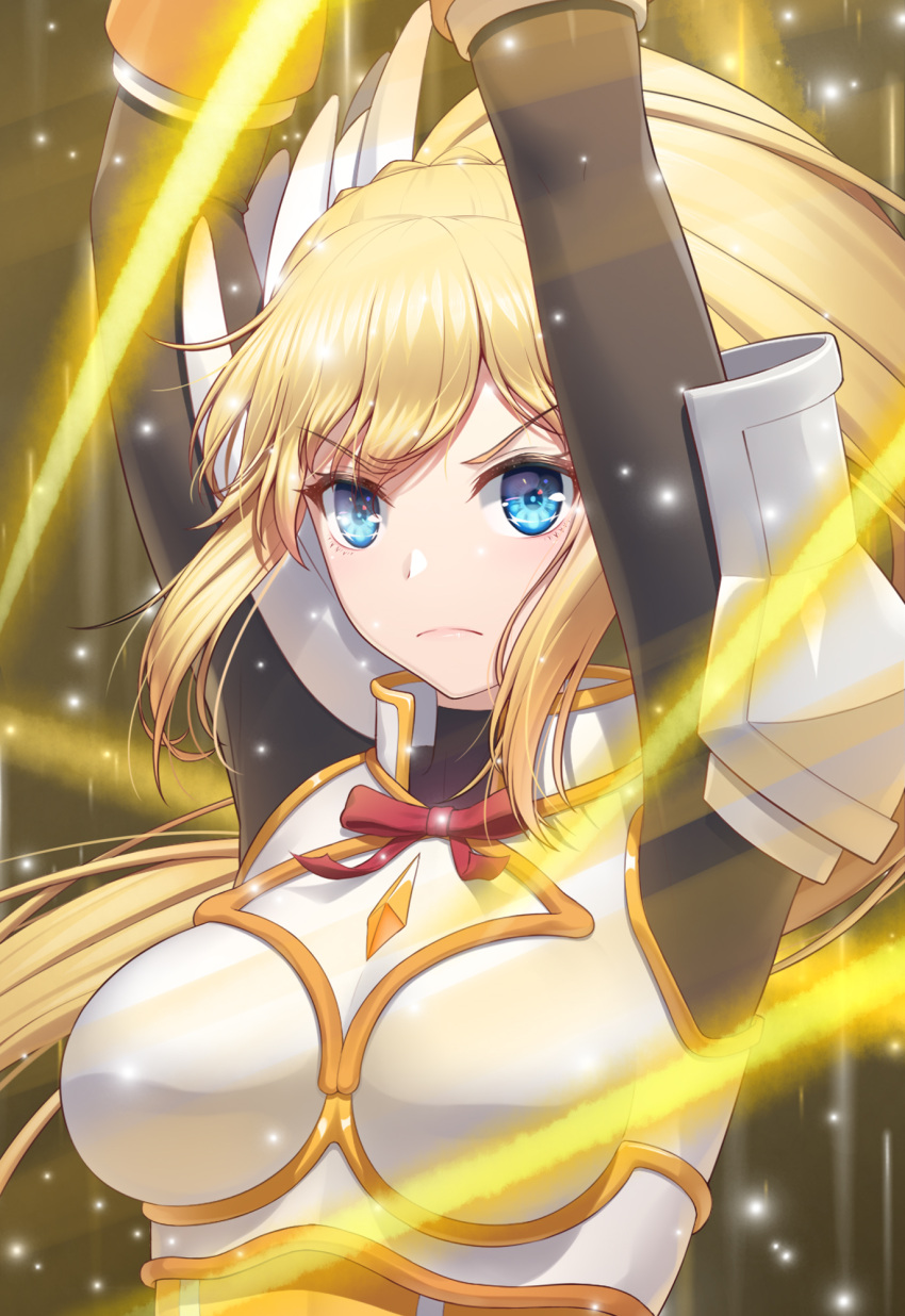 &gt;:( 1girl anarchojs armor arms_up blonde_hair blue_eyes breastplate closed_mouth darkness_(konosuba) highres kono_subarashii_sekai_ni_shukufuku_wo! long_hair looking_at_viewer pauldrons ponytail shoulder_armor solo upper_body v-shaped_eyebrows