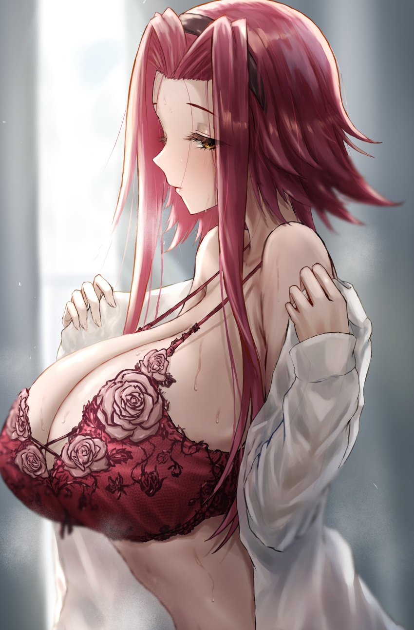 1girl absurdres bare_shoulders black_hairband blush bra closed_mouth commentary_request commission floral_print from_side hairband hands_up highres izayoi_aki long_hair long_sleeves off_shoulder red_bra red_hair shirt sidelocks skeb_commission solo torishu_(kumataka_4867) underwear upper_body white_shirt yellow_eyes yu-gi-oh! yu-gi-oh!_5d's