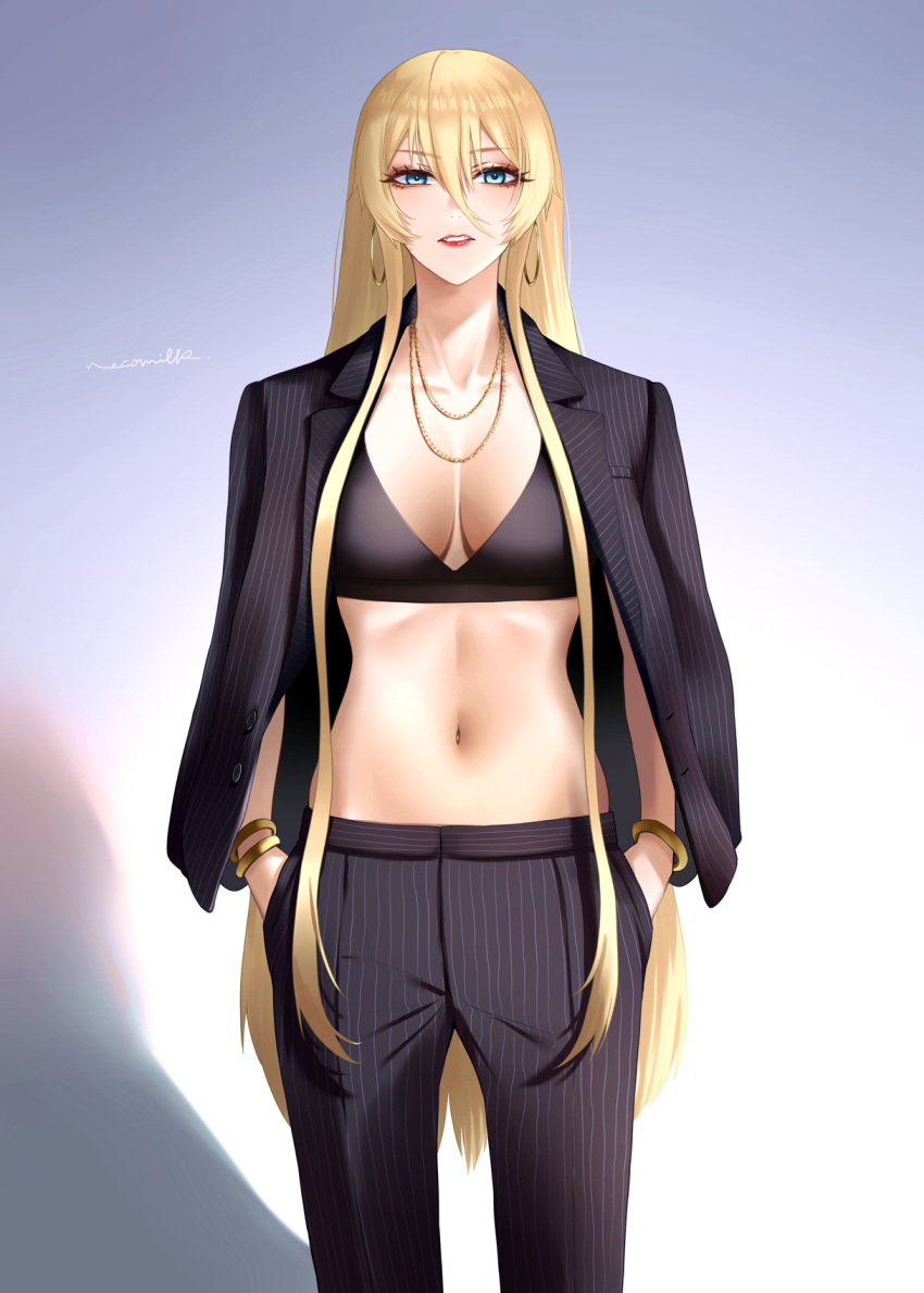 1girl azur_lane bismarck_(azur_lane) black_jacket black_pants blonde_hair blue_eyes bracelet breast_pocket breasts cleavage commentary cowboy_shot earrings english_commentary gold_bracelet hair_between_eyes hands_in_pockets highres hoop_earrings jacket jacket_on_shoulders jewelry long_hair looking_at_viewer makeup medium_breasts navel necklace necomilk open_clothes open_jacket pants parted_lips pocket revision solo suit teeth