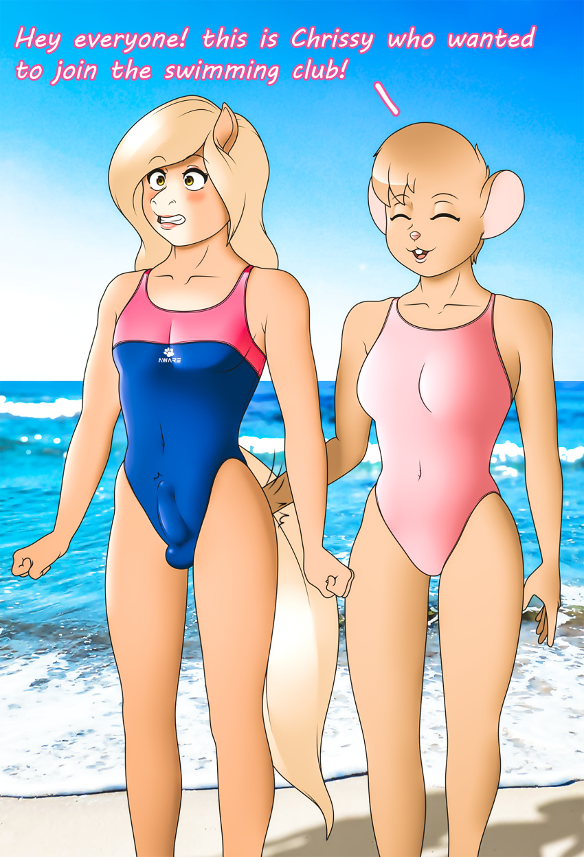 2018 5_fingers anthro big_breasts biped blonde_hair blush breasts buffbumblebee_(artist) bulge clothed clothing crossdressing digital_drawing_(artwork) digital_media_(artwork) duo embarrassed english_text equine erection eyebrows eyelashes female front_view fur girly hair hi_res horse lipstick long_hair makeup male male/female mammal mouse one-piece_swimsuit outside penis_outline rodent seaside sky smile spanking standing surprise swimsuit teeth text tight_clothing water