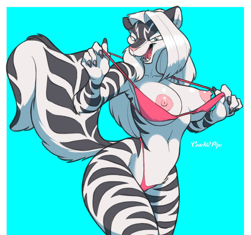 anthro bikini bikini_pull blue_background breasts clothing crackiepipe feline female hair hybrid looking_at_viewer mammal mephitid navel nipples open_mouth open_smile pink_nose sharp_teeth simple_background skunk smile solo swimsuit teeth tiger tongue undressing white_hair white_tiger zig_zag