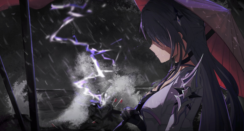 1girl absurdres acheron_(honkai:_star_rail) arm_belt armor black_choker black_gloves breasts choker cleavage coat commentary criss-cross_halter english_commentary facing_ahead gloves hair_ornament halterneck highres holding holding_umbrella honkai:_star_rail honkai_(series) large_breasts lightning long_hair mrz740 multicolored_hair oil-paper_umbrella purple_hair rain shade shoulder_armor sidelocks solo splashing streaked_hair umbrella upper_body very_long_hair water wet white_coat