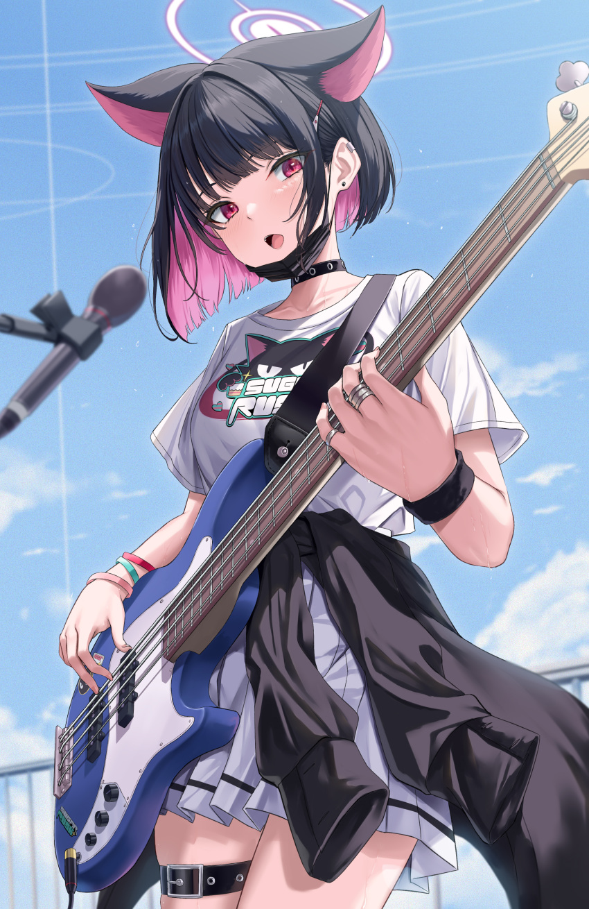 1girl absurdres animal_ears bass_guitar black_choker black_hair black_mask blue_archive cat_ears choker colored_inner_hair commentary cowboy_shot extra_ears fender_jazz_bass fingernails hair_ornament hairclip halo highres holding holding_instrument instrument kazusa_(band)_(blue_archive) kazusa_(blue_archive) mask mask_pull microphone microphone_stand mouth_mask multicolored_hair music official_alternate_costume pink_hair pink_halo playing_instrument pleated_skirt rama_(yu-light8) red_eyes shirt short_hair short_sleeves skirt solo surgical_mask white_shirt white_skirt