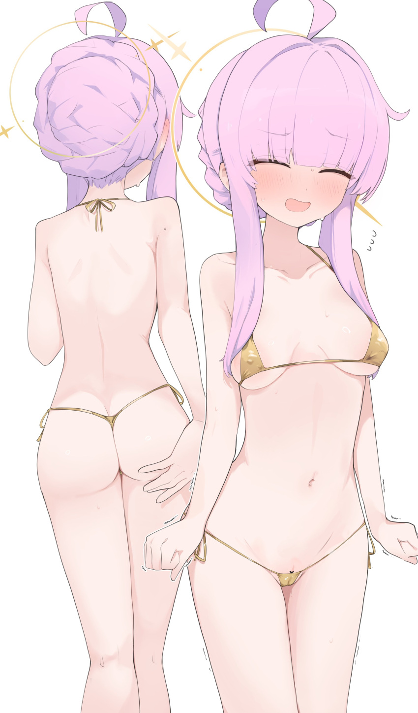 1girl absurdres ahoge ass back bikini blue_archive blunt_bangs blush breasts halo highres kaya_(blue_archive) long_hair medium_breasts micro_bikini mikozin navel pink_hair sidelocks simple_background swimsuit white_background