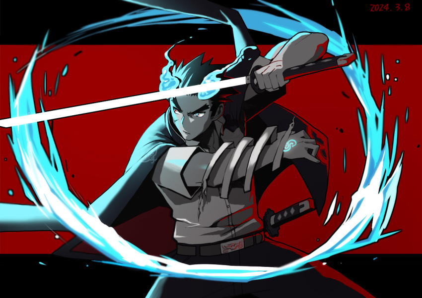 1boy bara belt blue_fire cowboy_shot dated fiery_horns fighting_stance fire gakuran glowing_tattoo gorioxxxx holding holding_sword holding_weapon horns hydrokinesis jacket jacket_on_shoulders letterboxed looking_to_the_side male_focus outside_border red_background sakimori_toji scar scar_on_cheek scar_on_face school_uniform shirt short_hair short_sleeves solo sword thick_eyebrows tokyo_afterschool_summoners water weapon white_shirt
