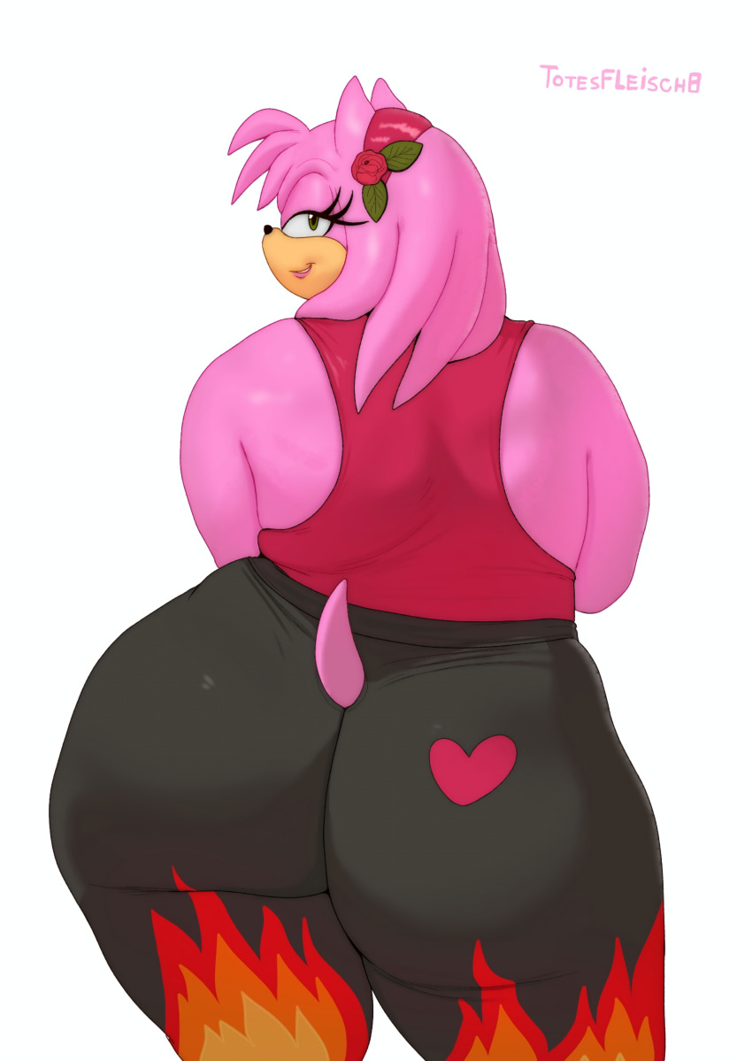 absurd_res accessory amy_rose anthro big_butt bottomwear bottomwear_down butt clothed clothing crop_top eulipotyphlan female flame_pattern flower flower_in_hair fur hair hair_accessory hairband hedgehog hi_res huge_butt lipstick looking_away makeup mammal overweight overweight_female pants pants_down partially_clothed pink_body pink_fur plant rear_view sega shirt solo sonic_the_hedgehog_(series) tail topwear totesfleisch8