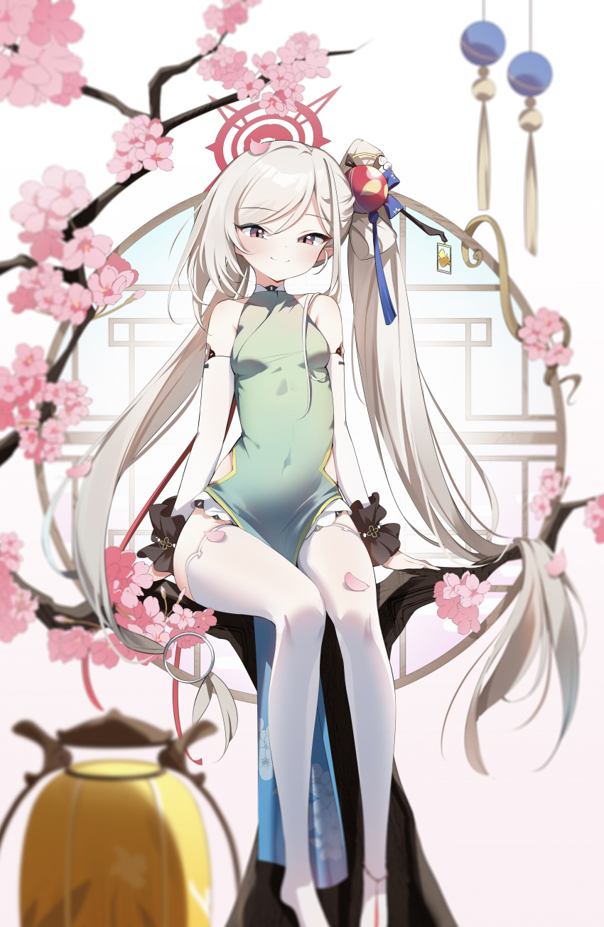 1girl absurdres bare_shoulders blue_archive blush branch breasts bridal_gauntlets cherry_blossoms china_dress chinese_clothes cocokawa_(cjsj8353) covered_navel dress flower green_dress grey_hair hair_ornament halo highres long_hair looking_at_viewer mahjong_soul mutsuki_(blue_archive) mutsuki_(flowery_charms)_(blue_archive) official_alternate_hairstyle petals pink_eyes pointy_ears sitting sleeveless sleeveless_dress small_breasts smile solo thighhighs very_long_hair white_thighhighs