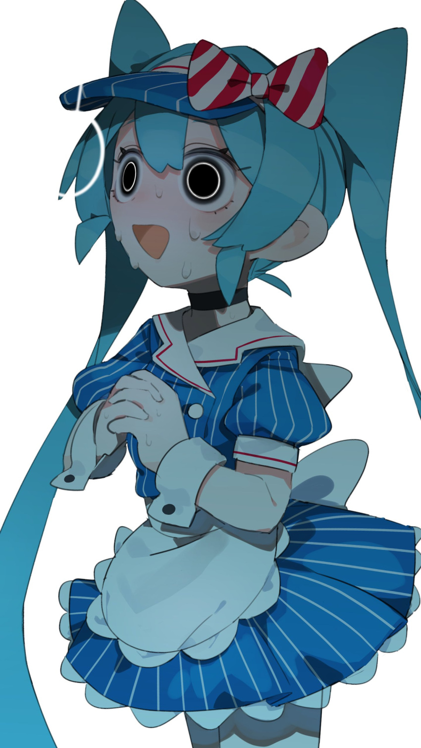 1girl absurdres apron black_choker black_eyes blue_dress blue_hair blue_hat bow cheri_zao choker cowboy_shot dress hair_bow hat hatsune_miku highres long_hair looking_up mesmerizer_(vocaloid) simple_background solo striped_bow sweat twintails visor_cap white_background wrist_cuffs