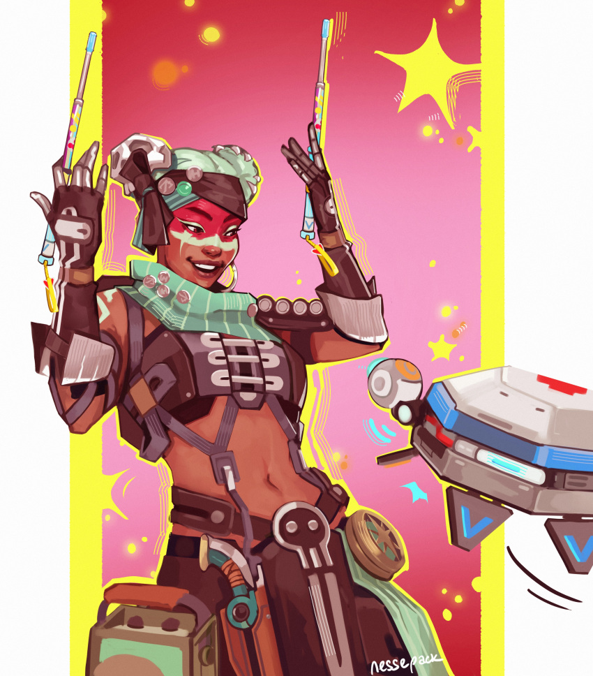 1girl absurdres apex_legends bandeau black_bandeau black_gloves black_pants d.o.c._health_drone dark-skinned_female dark_skin double_bun drumsticks elbow_gloves english_commentary eyeshadow gloves green_eyeshadow hair_bun hair_ornament highres holding holding_drumsticks leaning_back lifeline_(apex_legends) makeup nessepack non-humanoid_robot official_alternate_costume open_mouth pants pirate_queen_lifeline robot skull_hair_ornament smile solo star_(symbol)