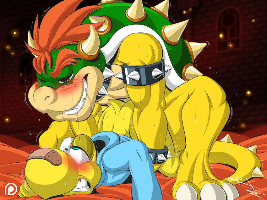 3_toes ahegao anal anal_penetration band-aid bandage blue_hoodie blush bowser clenched_teeth clothing collar drooling euyoshi89 fangs hair hoodie horn koopa koops looking_pleasured male male/male male_penetrated male_penetrating mario_bros muscular nintendo paper_mario partial_clothing penetration red_eyes red_hair saliva scales scalie sex shell size_difference smile spiked_collar spiked_shell spiked_tail spikes sweat teeth toes video_games