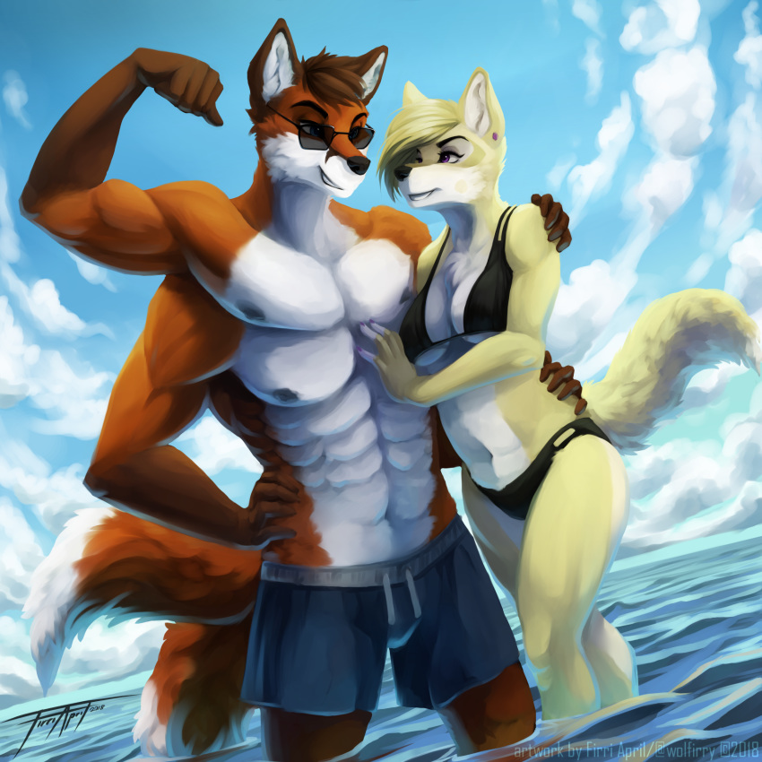 2018 2_tails 4_arms 5_fingers abs anthro beach bikini black_nose breasts canine clothing detailed_background digital_media_(artwork) digital_painting_(artwork) dog eyebrows eyelashes eyewear flexing_biceps fox fur glasses mammal multi_arm multi_limb multi_pec multi_tail orange_fur partially_submerged purple_eyes seaside swimming swimsuit water wolfirry yellow_fur