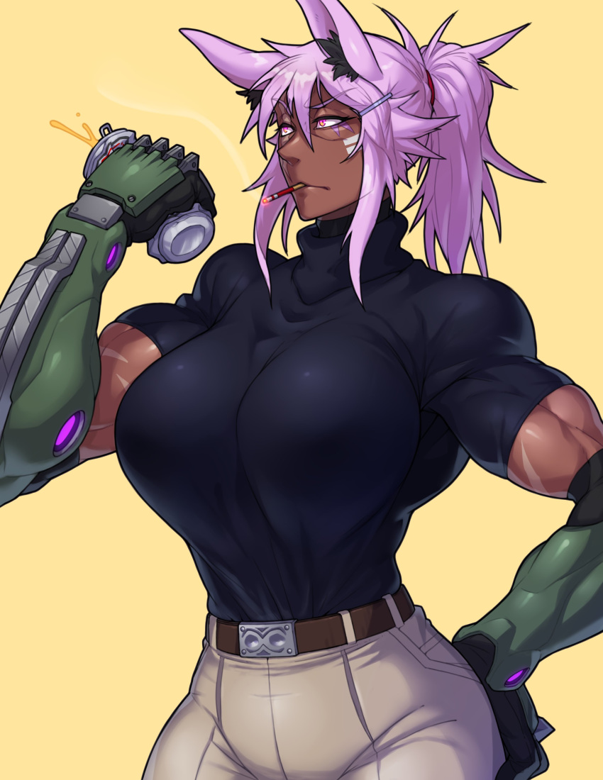 animal_humanoid belt biceps big_breasts breasts brown_skin can canine cigarette clothed clothing cybernetics cyborg dantera_rina face_paint facial_scar female hair hand_on_hip humanoid hutago inner_ear_fluff machine mammal muscular muscular_female pants pink_eyes pink_hair ponytail scar solo turtleneck wolf_humanoid