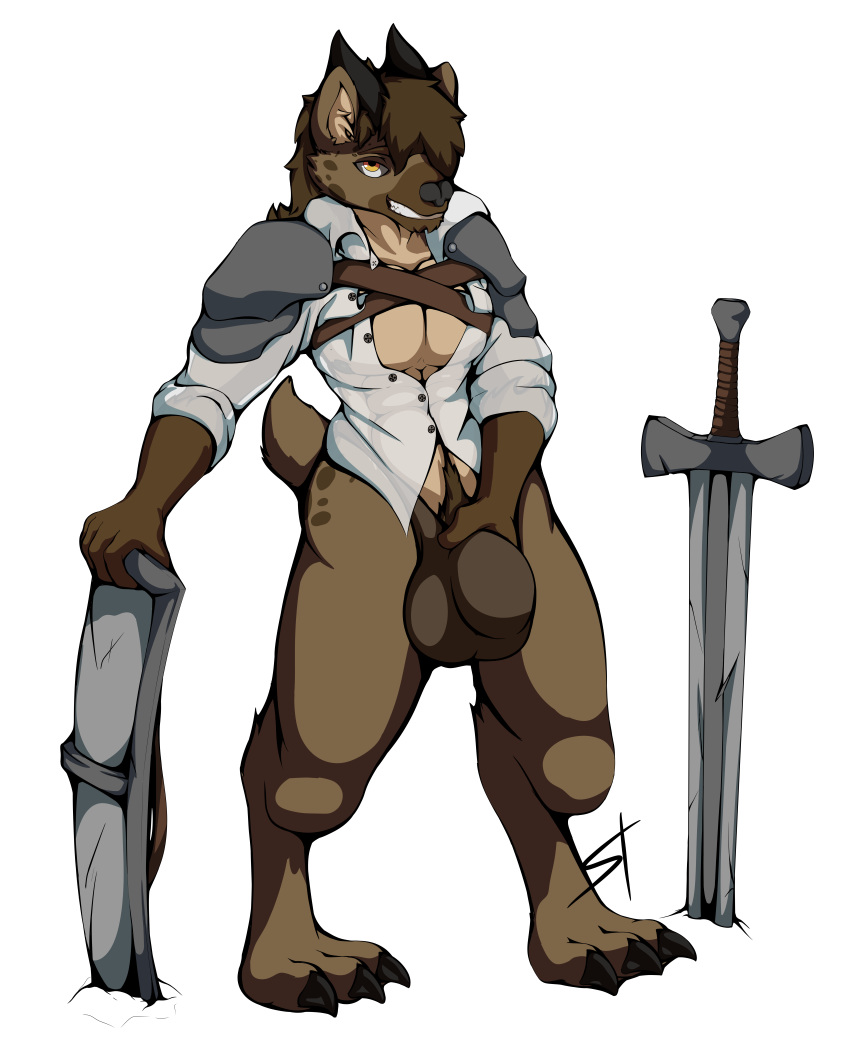 2018 alpha_channel anthro ar'kal_(viggs) armor bottomless bulge canine clothed clothing digital_media_(artwork) dungeons_&amp;_dragons fur gnoll hair hi_res horn humanoid_penis male mammal melee_weapon muscular nude penis pubes shield shirt simple_background smile solo standing standing_tough sword teeth transparent_background weapon
