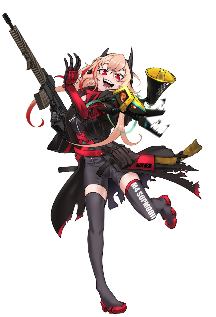 assault_rifle bangs black_jacket black_jumpsuit black_legwear breasts character_name coat commentary_request fangs girls_frontline gloves gun hair_between_eyes headgear highres holding holding_gun holding_weapon jacket long_coat long_hair m4_carbine m4_sopmod_ii m4_sopmod_ii_(girls_frontline) mechanical_arm medium_breasts multicolored_hair open_clothes open_coat open_mouth pink_hair pouch red_eyes red_hair rifle sd_bigpie smile solo streaked_hair thighhighs torn_coat weapon