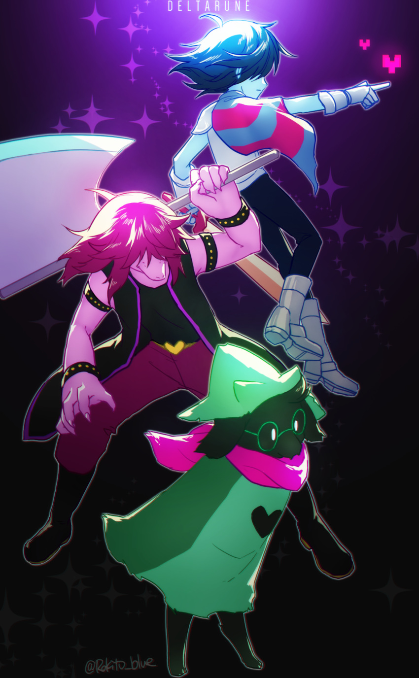axe black_background black_hair black_pants blue_skin boots brown_hair copyright_name deltarune gauntlets glasses green_hat green_robe grey_footwear hair_over_eyes hat heart highres holding holding_weapon kris_(deltarune) pants pink_scarf pointing profile ralsei rokito scarf simple_background sleeveless_jacket standing striped_capelet studded_armlet studded_bracelet susie_(deltarune) sword teeth twitter_username weapon