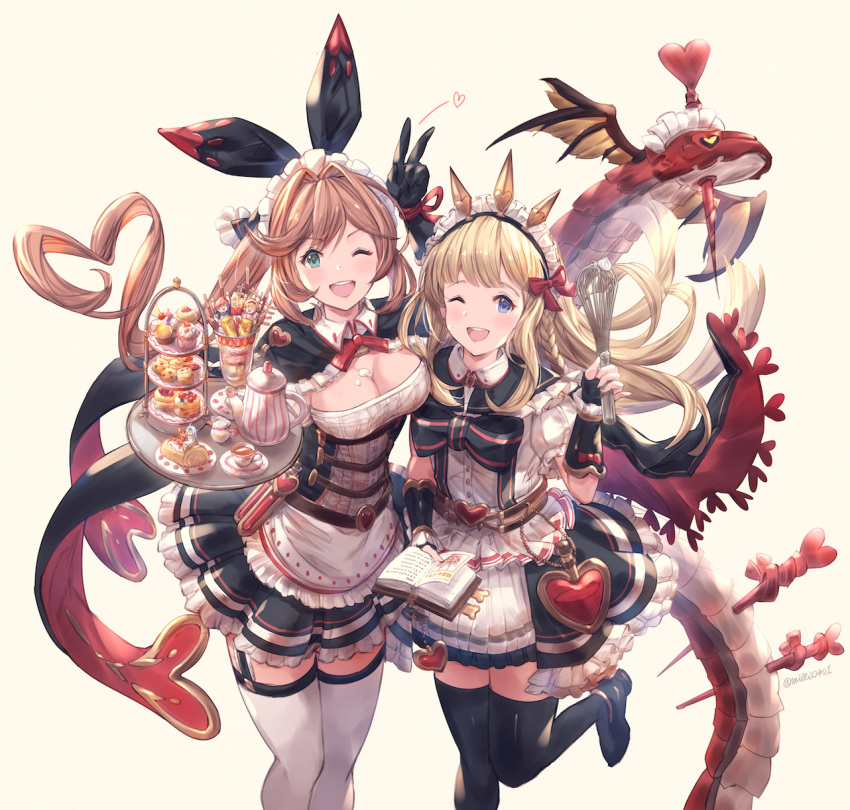 ;d alternate_costume apron aqua_eyes arm_up bangs belt belt_buckle black_bow black_dress black_footwear black_gloves black_ribbon blonde_hair blue_eyes blunt_bangs book boots bow braid breasts brown_hair buckle cagliostro_(granblue_fantasy) cape clarisse_(granblue_fantasy) cleavage commentary_request cream cup cupcake dragon dress elbow_gloves enmaided eyebrows_visible_through_hair feet_out_of_frame fingerless_gloves food food_on_breasts frilled_dress frills garter_straps gloves granblue_fantasy hair_ribbon heart heart-shaped_pupils heart_hair highres holding holding_book holding_tray ice_cream large_bow long_hair looking_at_viewer maid maid_headdress medium_breasts milli_little multiple_girls neck_ribbon one_eye_closed open_book open_mouth ouroboros_(granblue_fantasy) pink_background pleated_dress pocky puffy_short_sleeves puffy_sleeves red_neckwear red_ribbon ribbon round_teeth shirt short_sleeves showgirl_skirt side_braid sidelocks simple_background single_braid smile standing standing_on_one_leg sundae sweets symbol-shaped_pupils tea teacup teapot teeth test_tube thigh_boots thighhighs tray twitter_username upper_body v very_long_hair waist_apron whisk white_apron white_legwear white_shirt wrist_ribbon zettai_ryouiki