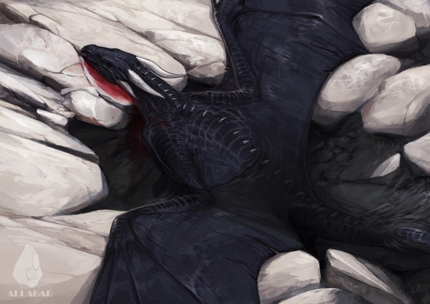 2018 allagar ambiguous_gender blood detailed_background digital_media_(artwork) digital_painting_(artwork) dragon feral horn membranous_wings scalie solo spines stone water western_dragon wings