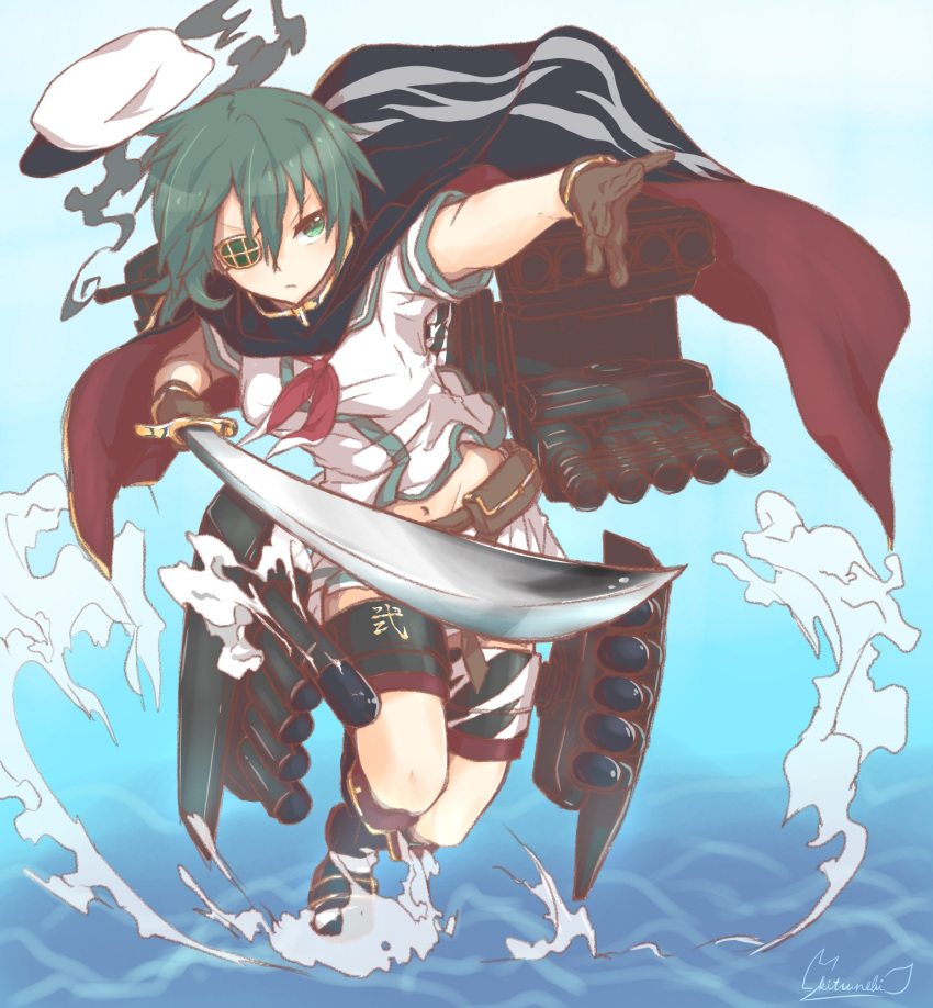 black_cape boots brown_gloves camouflage cape closed_mouth commentary_request cutlass eyepatch gloves green_eyes green_hair hat highres holding holding_weapon kantai_collection kiso_(kantai_collection) kitsunebi_ao knee_boots navel neckerchief ocean pauldrons pocket red_neckwear remodel_(kantai_collection) sailor_hat school_uniform serafuku shirt short_hair simple_background skirt smoke solo torpedo torpedo_launcher turret weapon white_shirt white_skirt