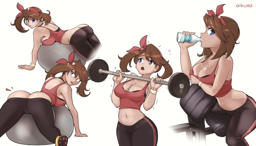 1girl aikuxa ass ball blue_eyes bottle breasts brown_hair butt_crack cleavage creatures_(company) drinking dumbbell exercise exercise_ball game_freak hairband haruka_(pokemon) large_breasts leggings lifting lying midriff navel nintendo no_panties on_stomach pokemon pokemon_(game) pokemon_oras solo_focus spill tank_top water water_bottle