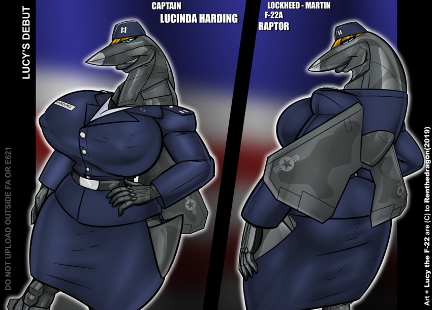 2019 aircraft aircraft_humanoid airplane anthro belt big_breasts breasts clothing conditional_dnp english_text female front_view hand_on_hip hat huge_breasts jet living_aircraft living_machine looking_at_viewer lucinda_harding_(renthedragon) machine military_uniform nipple_bulge pillarbox rear_view renthedragon smile solo standing teal_eyes text uniform wings