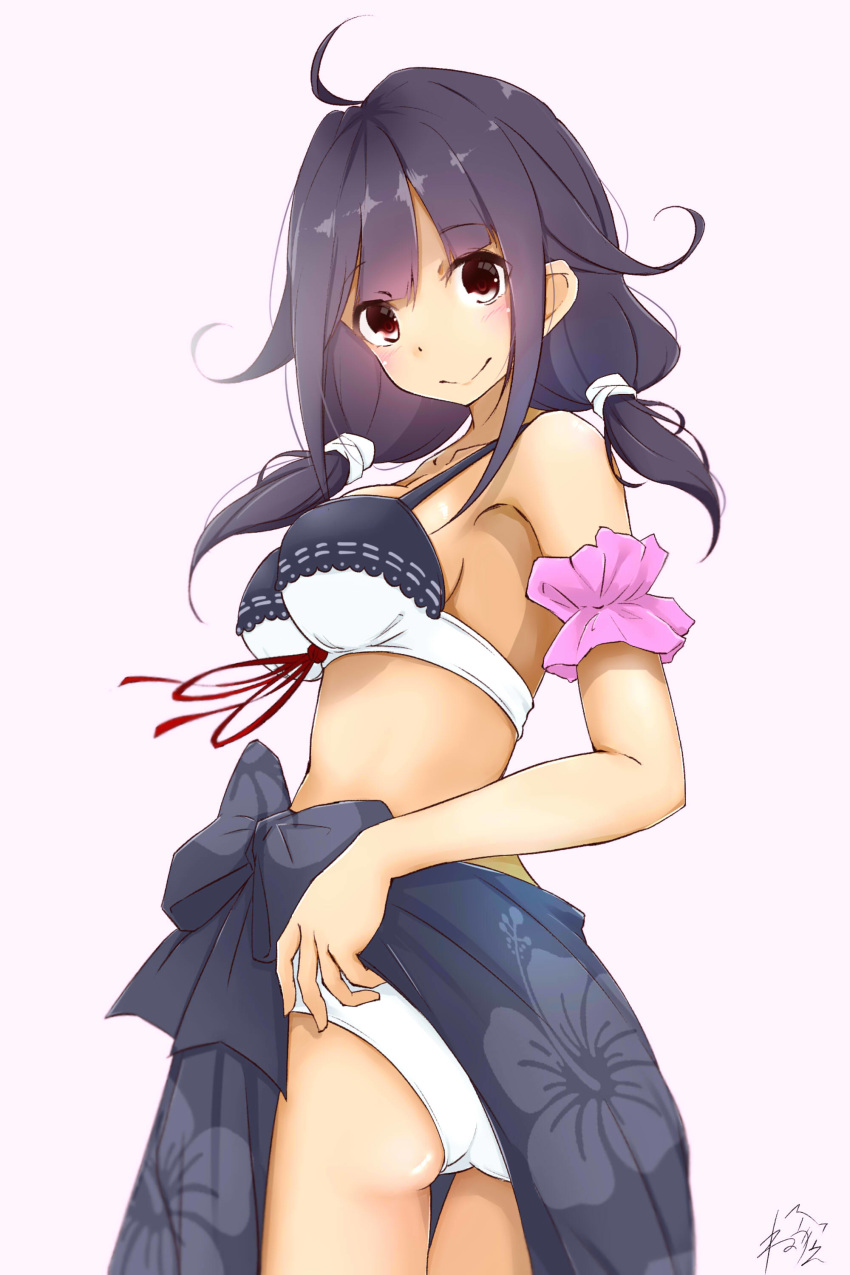 absurdres adapted_costume alternate_costume ass bikini blush breasts commentary_request eyebrows_visible_through_hair grey_background hair_flaps highres kantai_collection large_breasts long_hair looking_at_viewer low_twintails neve purple_hair red_eyes simple_background solo swimsuit taigei_(kantai_collection) twintails white_background