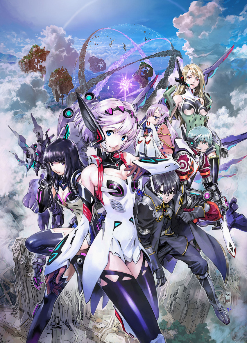 bodysuit cleavage dress headphones heels hoshi_to_tsubasa_no_paradox mecha sadamoto_yoshiyuki thighhighs