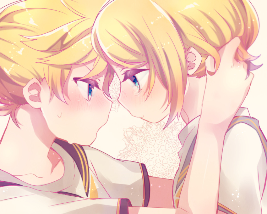 1girl :t angry annoyed aoi_choko_(aoichoco) arms_around_neck blonde_hair blue_eyes blush brother_and_sister collarbone ears eyebrows_visible_through_hair face-to-face forehead-to-forehead hair_tucking hands_on_another's_head kagamine_len kagamine_rin looking_at_another nervous playing_with_another's_hair pout print_sailor_collar puffy_cheeks sad shirt short_hair short_ponytail siblings sweatdrop t-shirt tearing_up tears twins vocaloid