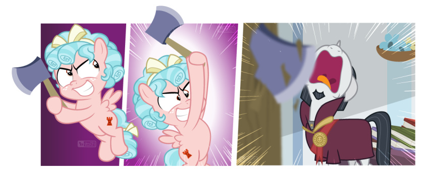 axe beard book chancellor_neighsay_(mlp) comic cozy_glow_(mlp) cutie_mark dm29 equine facial_hair female flower freckles friendship_is_magic hair hatchet horn male mammal melee_weapon multicolored_hair my_little_pony pegasus plant screaming teeth the_shining tongue tongue_out two_tone_hair unicorn weapon wings