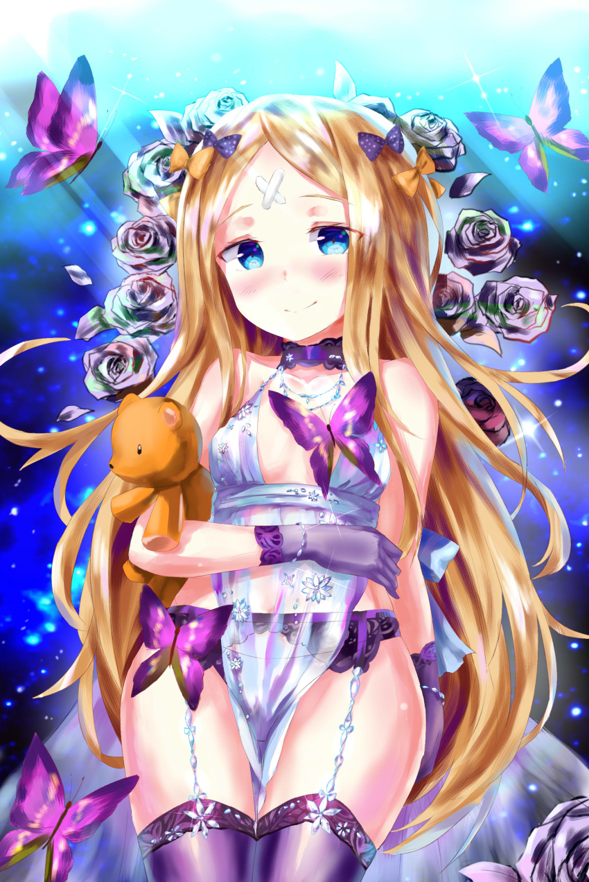 abigail_williams_(fate/grand_order) absurdres amaroku_neko artoria_pendragon_(all) artoria_pendragon_(lancer_alter) artoria_pendragon_(lancer_alter)_(cosplay) babydoll bandaid_on_forehead bangs bare_shoulders black_bow black_gloves black_panties blonde_hair blue_eyes blush bow bracelet breasts bug butterfly choker closed_mouth collarbone commentary_request cosplay crossed_bandaids fate/grand_order fate_(series) flower forehead garter_belt gloves hair_bow highres hips holding holding_stuffed_animal insect jewelry light_rays lingerie long_hair looking_at_viewer navel necklace orange_bow panties parted_bangs polka_dot polka_dot_bow rose royal_icing see-through small_breasts smile snowflake_print solo sparkle stuffed_animal stuffed_toy teddy_bear thighhighs thighs underwear