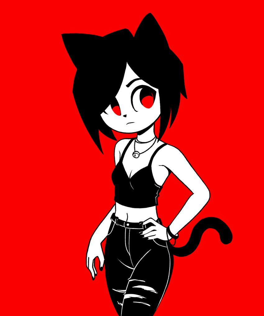 2018 5_fingers animal_humanoid bell_collar breasts cat_humanoid cleavage clothed clothing collar crop_top digital_media_(artwork) feline female gaturo hair hand_on_hip hi_res humanoid jeans looking_aside mammal marie_(gaturo) midriff navel pants red_background shirt short_hair simple_background small_breasts solo standing